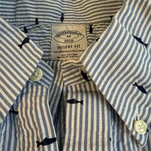 Brooks Brothers Shirt Mens M Fish Print Seersucker‎ Blue Regent Fit Preppy